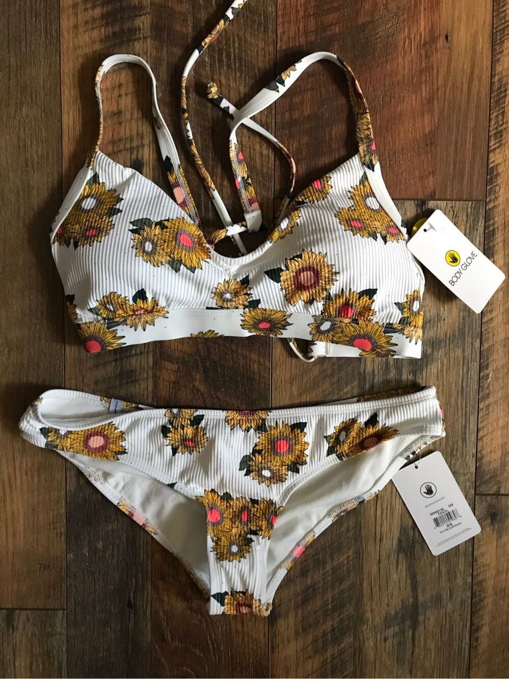 Body Glove 2-PC white Sunflowers Bikini swimwear Sz M bottom DD top New w/tags